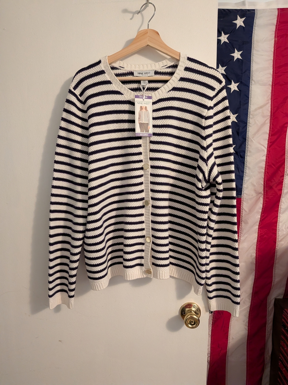 Nine West Navy and White Striped Button-Front Sweater